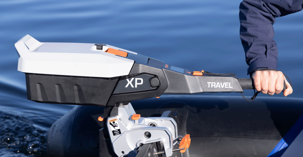 Torqeedo Travel XP electric outboard mounted on a boat