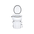 A white portable toilet with an open black-rimmed lid, shown against a plain white background.
