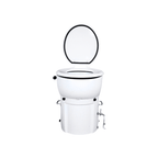 A white portable toilet with an open black-rimmed lid, shown against a plain white background.