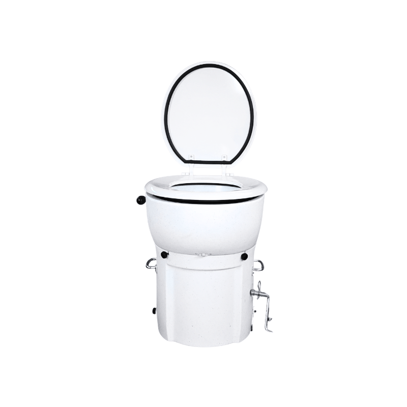 A white portable toilet with an open black-rimmed lid, shown against a plain white background.