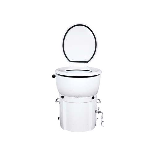 A white portable toilet with an open black-rimmed lid, shown against a plain white background.