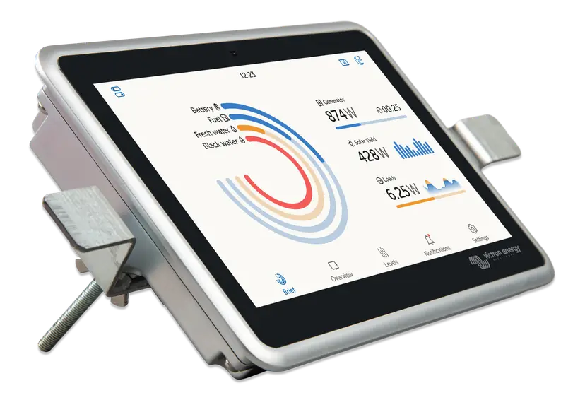 Victron Ekrano GX 7-inch touchscreen display installed in a marine electrical control panel