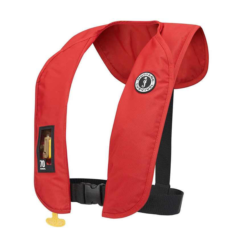A red automatic life jacket with black straps and a yellow quick-release toggle, shown on a plain white background. It features a circular 'Marine Safety' logo on the chest and a rectangular label indicating a 70mm inflation valve.