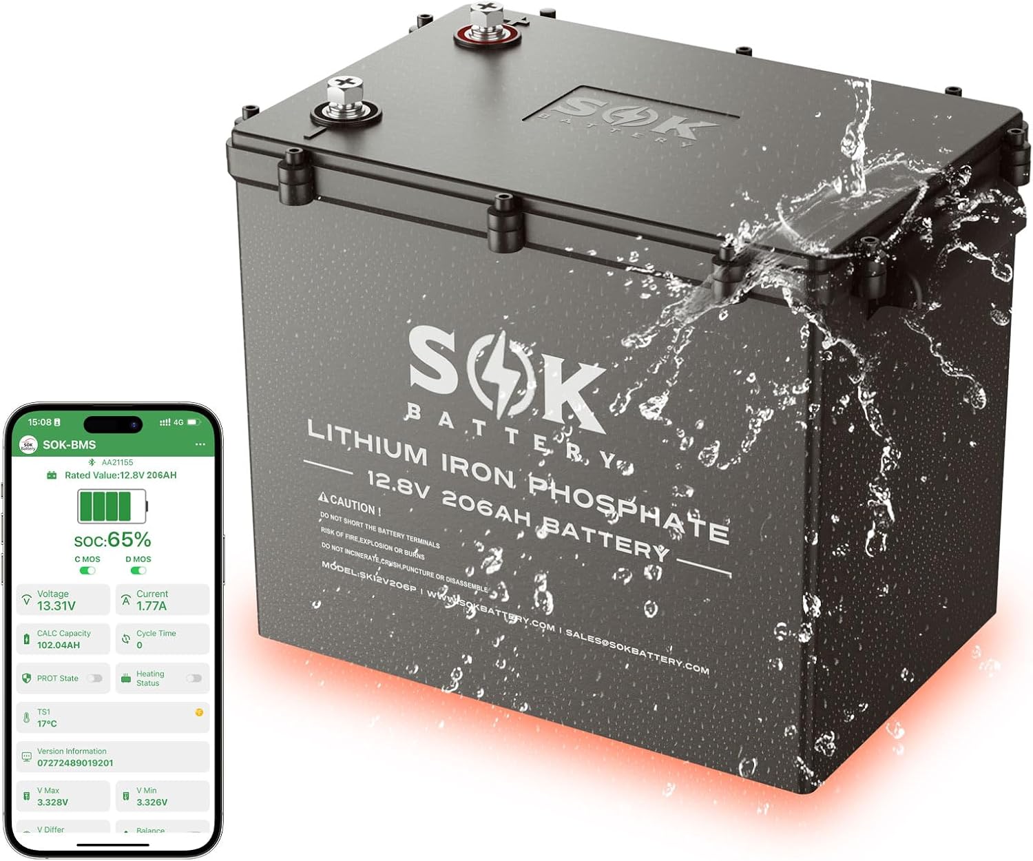 SOK 12V 206Ah LiFePO4 battery with Bluetooth BMS monitoring and water-resistant metal case