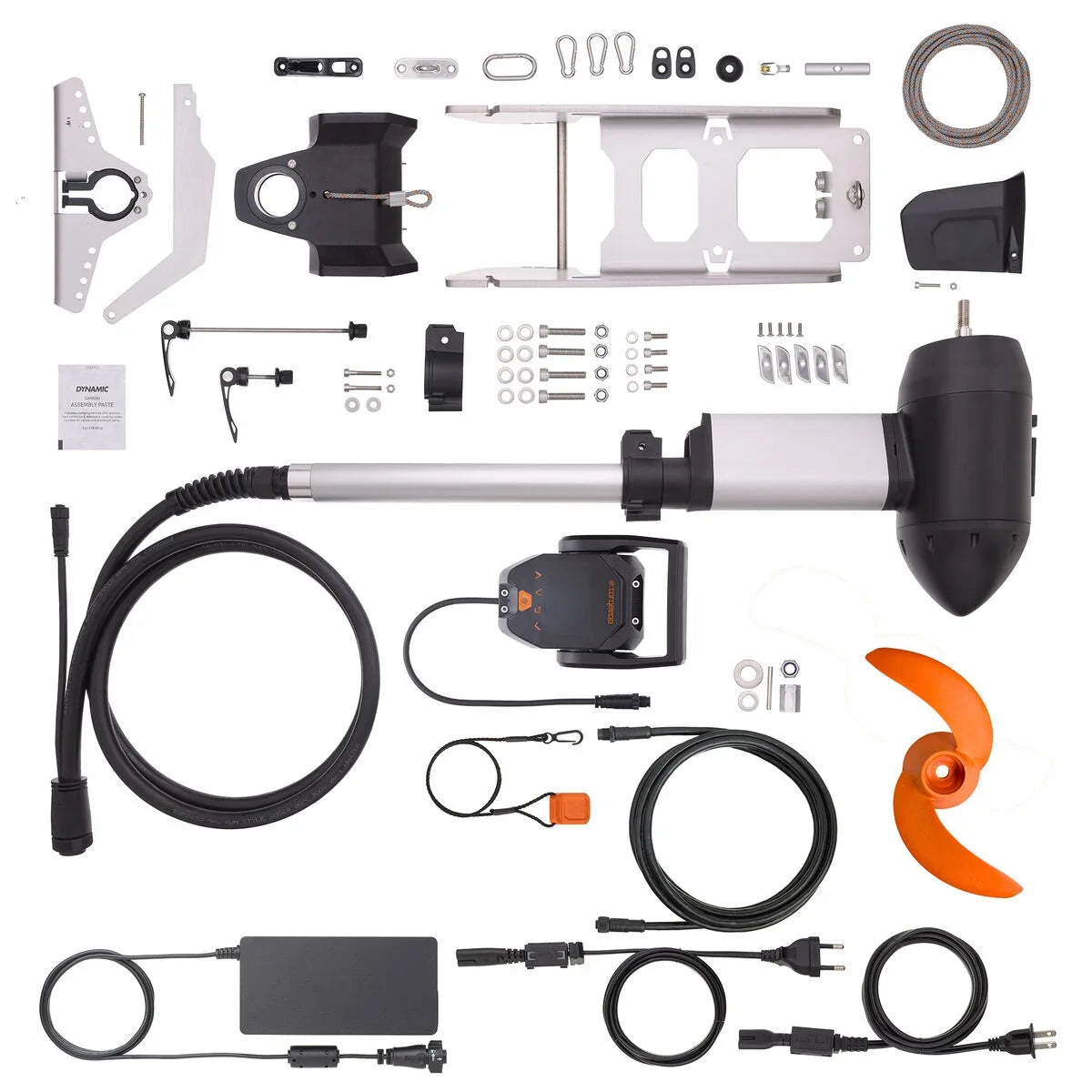 Torqeedo Travel Ultralight electric kayak motor complete kit with mounting hardware, propeller, charger, cables and accessories