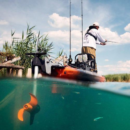 Fishing kayak with Torqeedo Travel Ultralight electric propulsion system and orange propeller