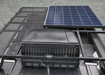 solar panels and roof vent on top of Mercedes Sprinter campervan conversion