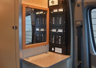 mirror and control panel in Sprinter Van conversion interior