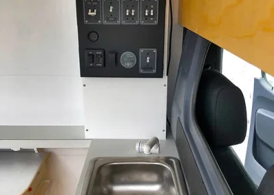 electrical panel and sink in Mercedes Sprinter Van conversion